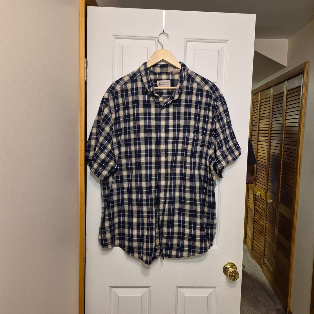 Northwest Territory Mens 2X Linen Cotton Plaid Short Sleeve‎ Button Down Shirt